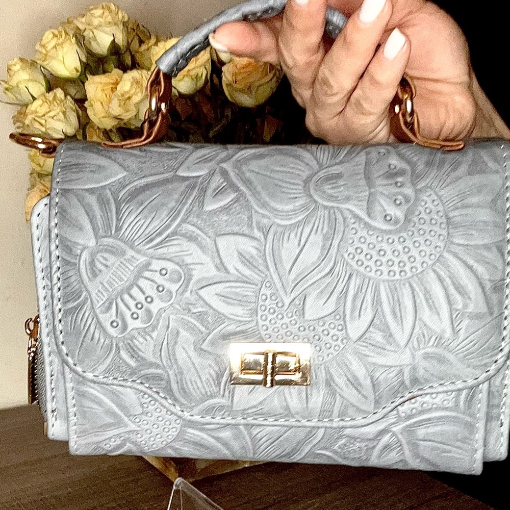 Cielo Embossed Floral Satchel in Gray with Gold Hardware - Picture 2 of 4